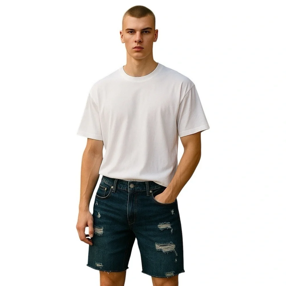 Abercrombie & Fitch Men Blue Distressed Button Fly Denim‎ Shorts